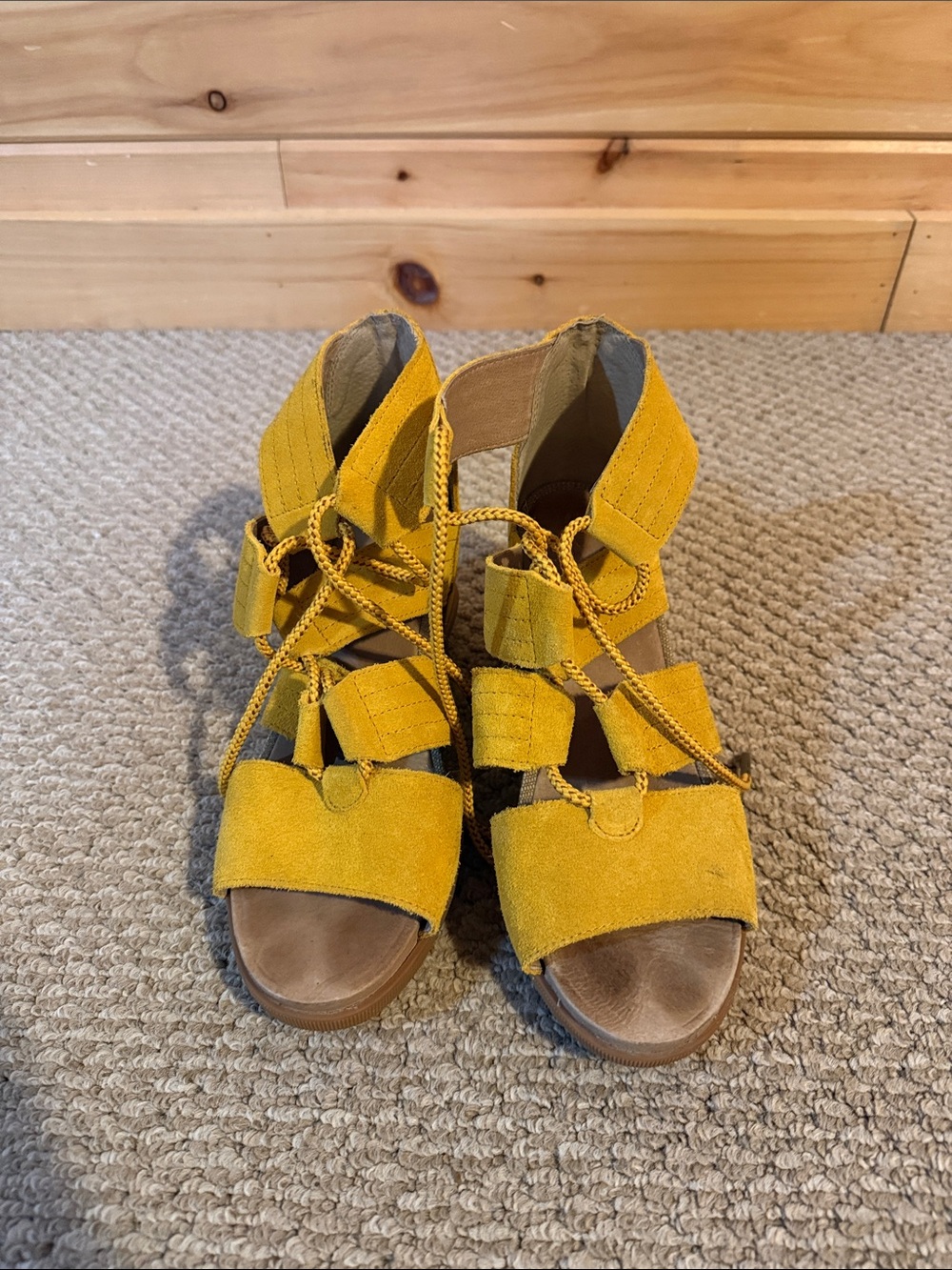 Sorel Yellow Suede Lace-Up Block Heel Sandals